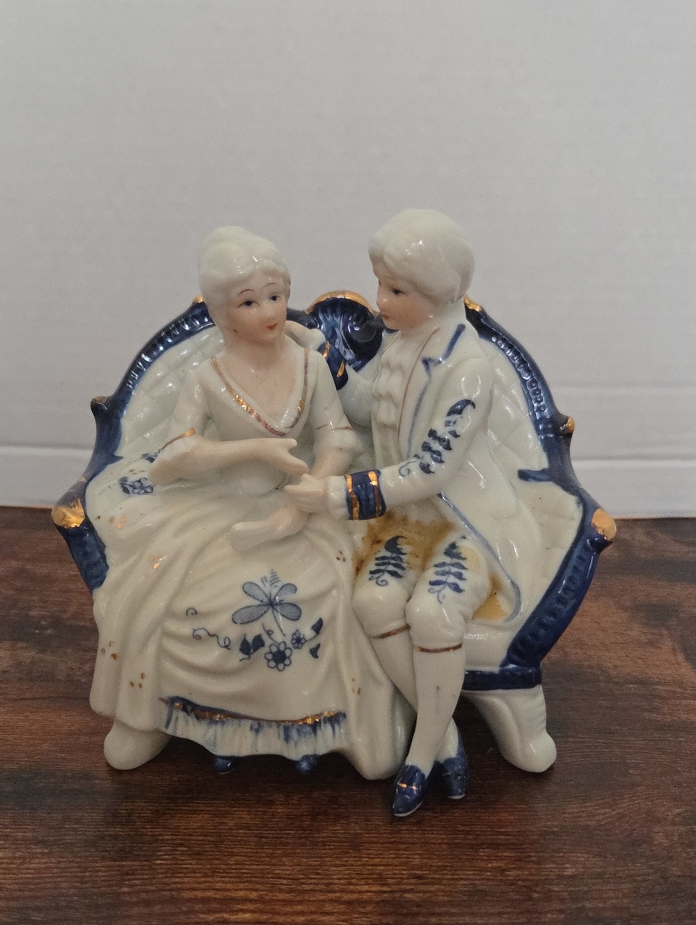 Porcelain Victorian Couple Figurine in White and Blue